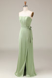 Matcha Strapless Corset A-line Satin Bridesmaid Dress with Slit