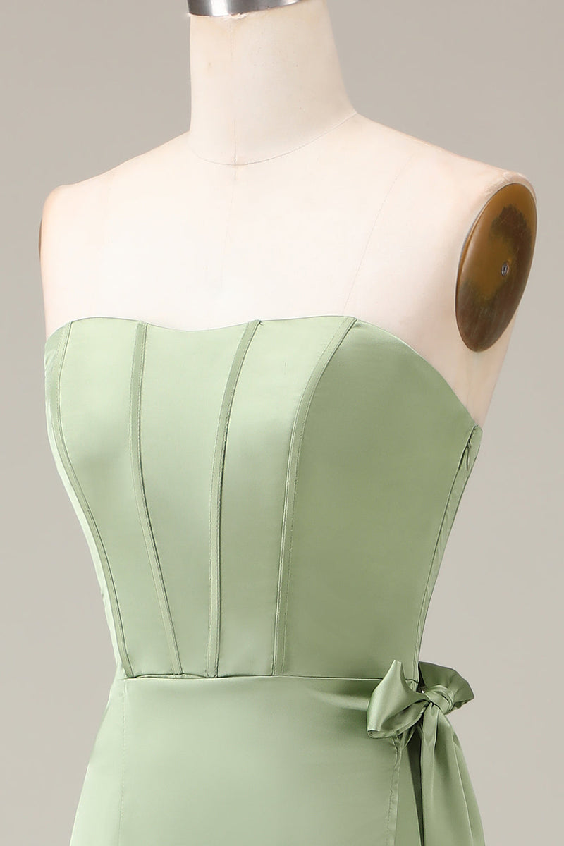 Load image into Gallery viewer, Matcha Strapless Corset A-line Satin Bridesmaid Dress with Slit