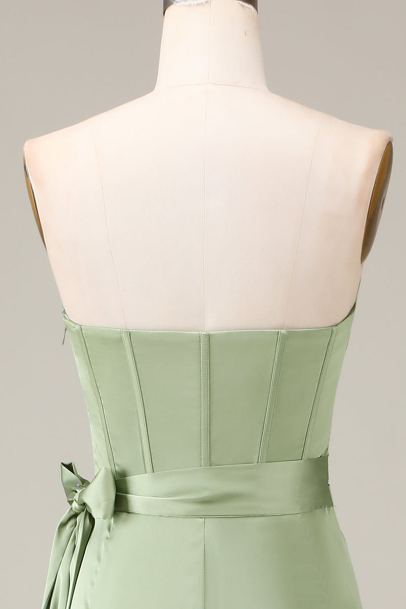 Load image into Gallery viewer, Matcha Strapless Corset A-line Satin Bridesmaid Dress with Slit