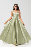 One Shoulder Satin Green Bridesmaid Dress with Pockets