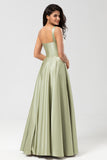 One Shoulder Satin Green Bridesmaid Dress with Pockets