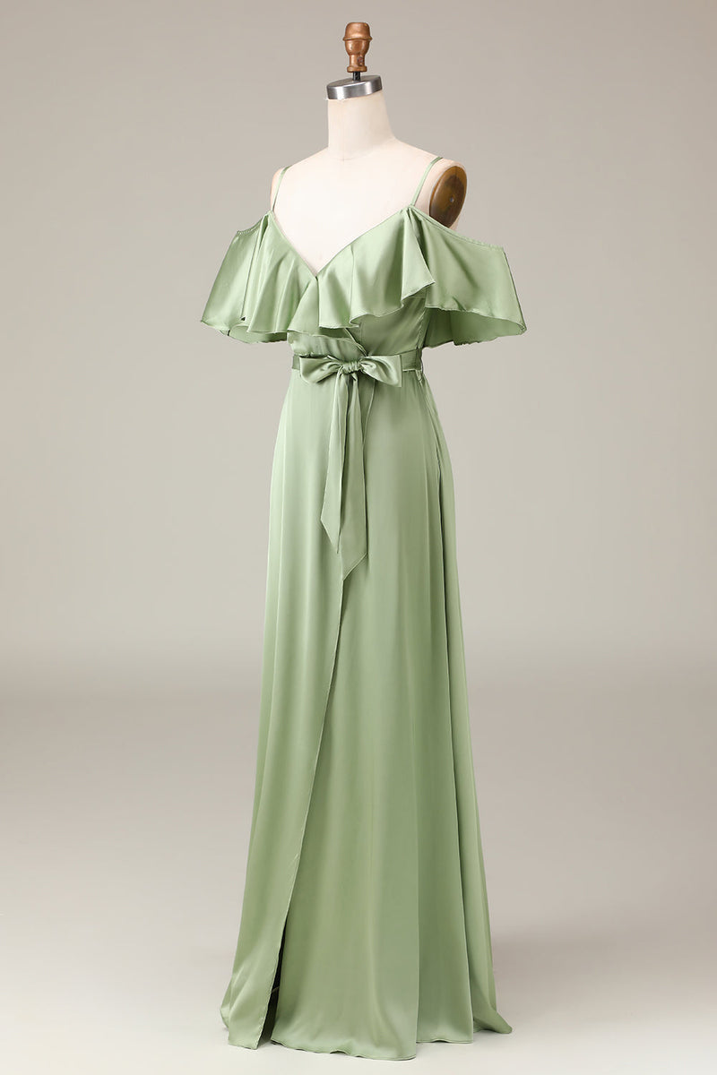 Load image into Gallery viewer, Matcha Spaghetti Straps Cold Shoulder A-line Satin Bridesmaid Dress