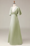 Dusty Sage V-neck Short Sleeves A-line Satin Bridesmaid Dress