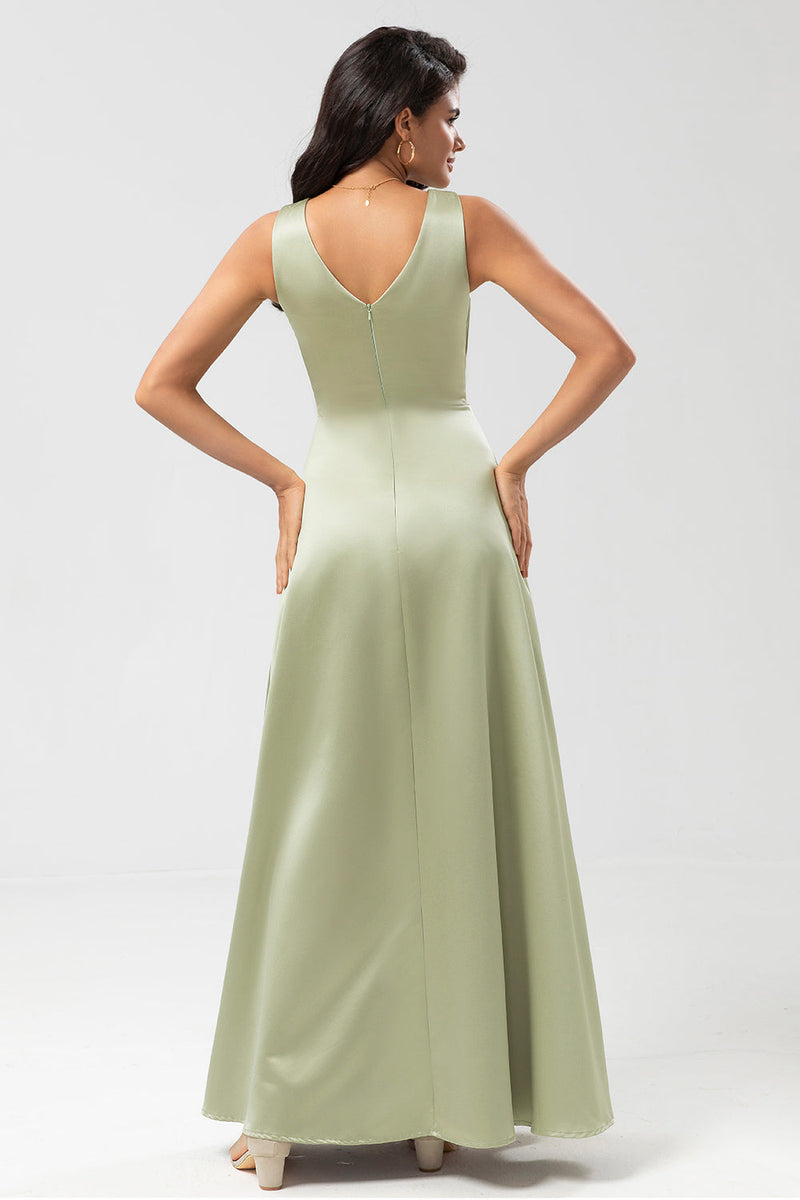 Load image into Gallery viewer, Satin Green Bridesmaid Dress with Pleats