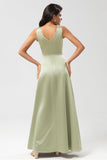 Satin Green Bridesmaid Dress with Pleats