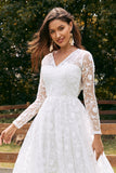 Ivory A-Line V-Neck Lace Sweep Train Wedding Dress with Sleeves