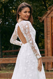 Ivory A-Line V-Neck Lace Sweep Train Wedding Dress with Sleeves