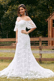 Ivory Mermaid Lace Sweep Train Wedding Dress with Sleeves