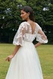 Ivory Puff Sleeves Corset Wedding Dress with 3D Flowers