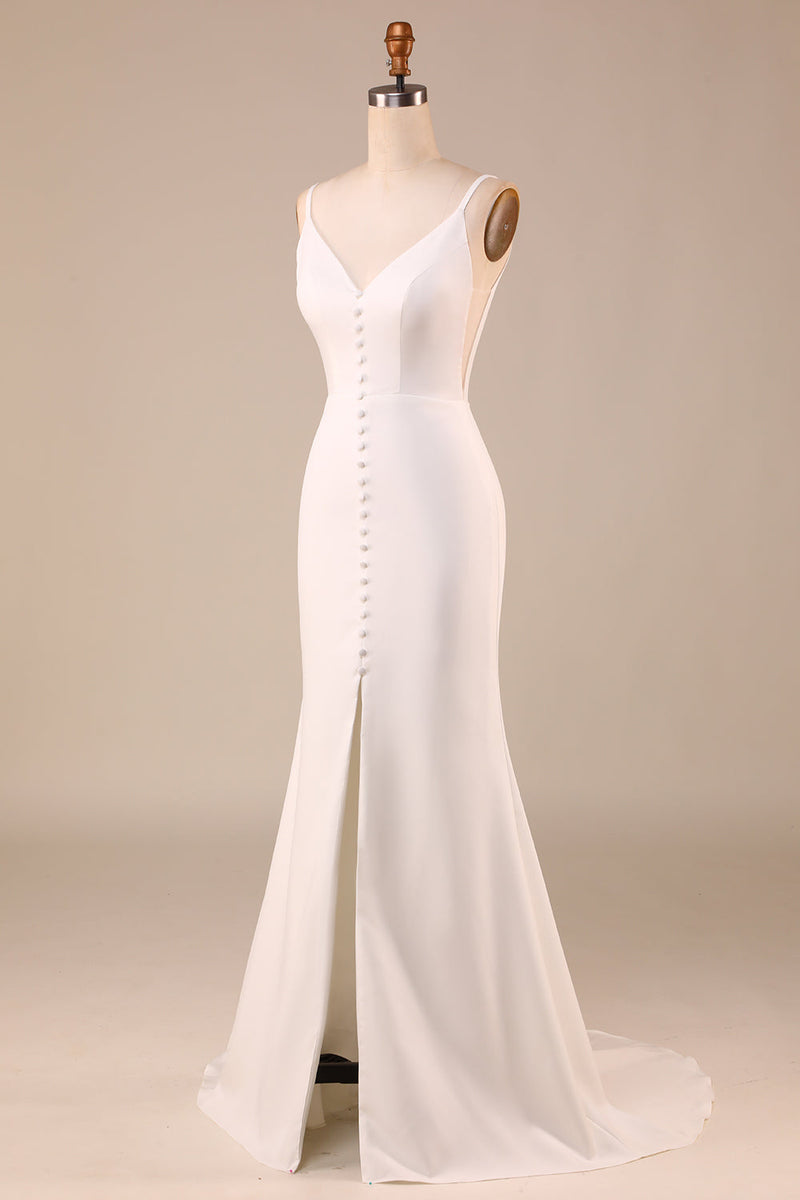 Load image into Gallery viewer, Simple Ivory Mermaid Backless Long Wedding Dress with Slit