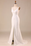 Simple Ivory Mermaid Backless Long Wedding Dress with Slit