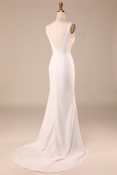 Simple Ivory Mermaid Backless Long Wedding Dress with Slit