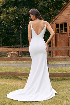 Simple Mermaid Ivory Button Wedding Dress with Slit