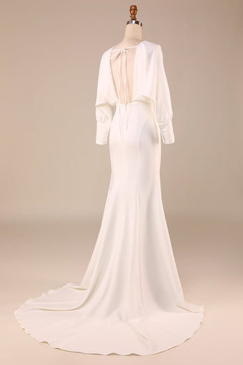 Simple Ivory Mermaid Long Sleeves Deep V-Neck Wedding Dress