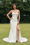 Simple Ivory Detachable Illusion Long Sleeves Mermaid Wedding Dress with Slit