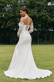 Simple Ivory Detachable Illusion Long Sleeves Mermaid Wedding Dress with Slit