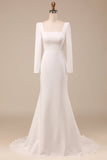 Ivory Mermaid Square Neck Bridal Dress With Long Sleeves