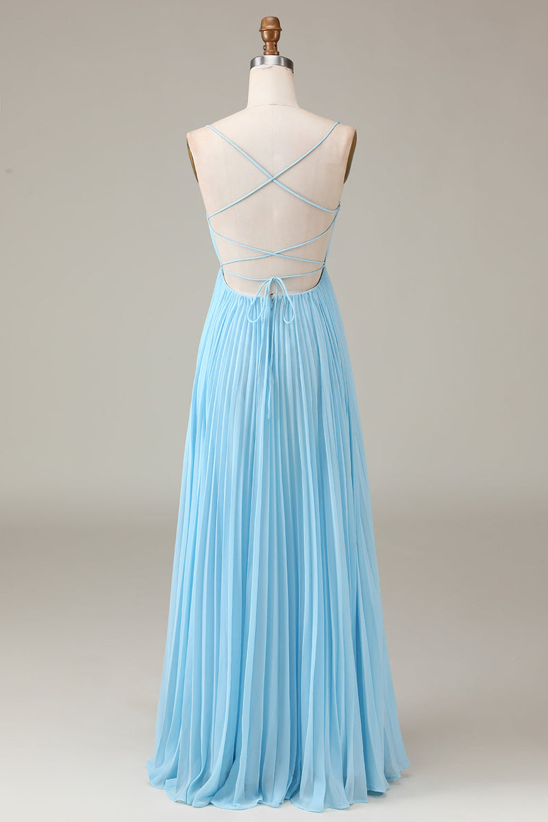 Load image into Gallery viewer, Sky Blue Spaghetti Straps Cowl Neck Pleated Open Back A-line Chiffon Bridesmaid Dress