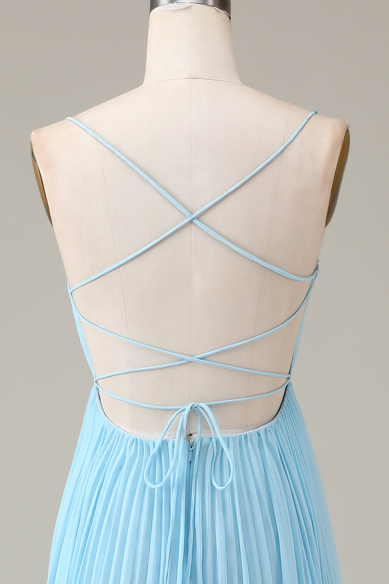 Load image into Gallery viewer, Sky Blue Spaghetti Straps Cowl Neck Pleated Open Back A-line Chiffon Bridesmaid Dress