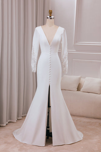 Ivory Deep V-neck Long Sleeves Lace Mermaid Bridal Dress