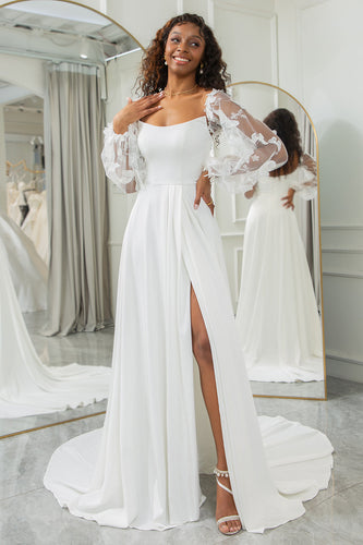 Ivory Detachable Long Sleeves Butterflies Boho Wedding Dress