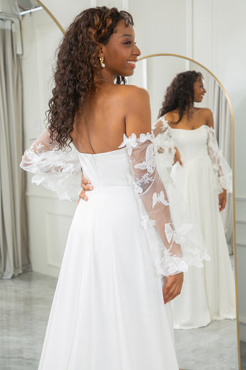 Ivory Detachable Long Sleeves Butterflies Boho Wedding Dress
