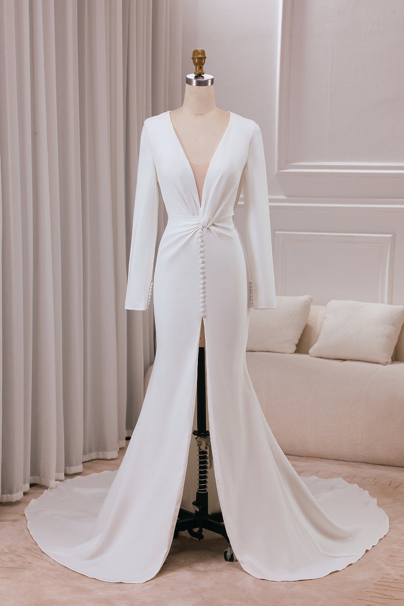 Load image into Gallery viewer, Ivory Deep V-neck Long Sleeves Crepe Mermaid Wedding Dress with Front Slit