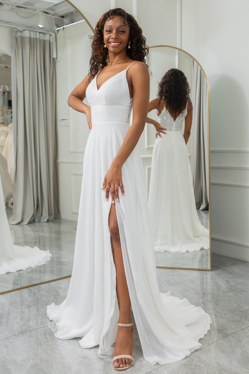 Load image into Gallery viewer, Ivory A-Line Chiffon Sweep Train Wedding Dress with Lace
