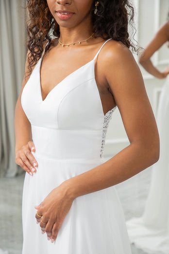 Ivory A-Line Chiffon Sweep Train Wedding Dress with Lace