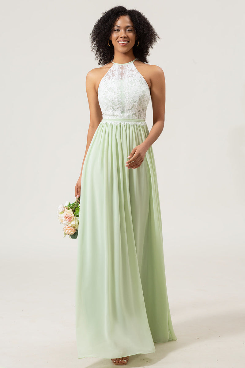 Load image into Gallery viewer, A-Line Halter Neck Dusty Sage Lace and Chiffon Long Bridesmaid Dress