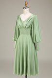 Matcha A-Line V-Neck Satin Bridesmaid Dress With Long Sleeves