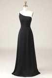 Black A-Line Chiffon One Shoulder Floor Length Bridesmaid Dress
