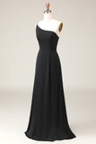 Black A-Line Chiffon One Shoulder Floor Length Bridesmaid Dress