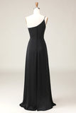 Black A-Line Chiffon One Shoulder Floor Length Bridesmaid Dress