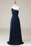 Black A-Line Chiffon One Shoulder Floor Length Bridesmaid Dress
