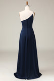 Black A-Line Chiffon One Shoulder Floor Length Bridesmaid Dress