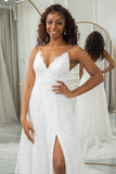 Ivory A-Line Sweep Train Lace Wedding Dress with Slit