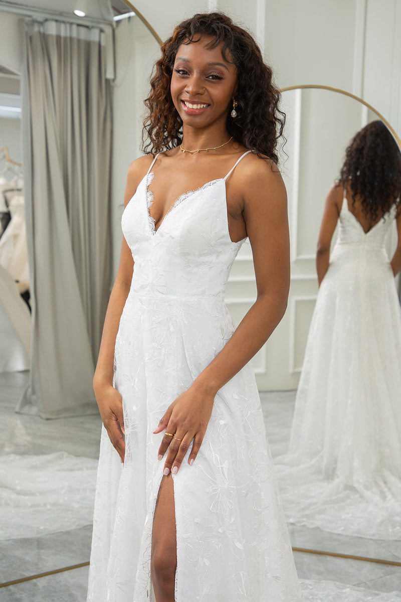 Load image into Gallery viewer, Ivory A-Line Sweep Train Lace Wedding Dress with Slit