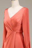 A-Line V-Neck Terracotta Satin Bridesmaid Dress With Slit