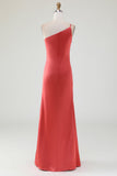 Terracotta Sheath One Shoulder Floor-Length Pleated Satin Bridesmaid Dress