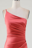 Terracotta Sheath One Shoulder Floor-Length Pleated Satin Bridesmaid Dress