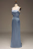 Load image into Gallery viewer, Dusty Blue Spaghetti Straps Sheath Satin Pleated Bridesmaid Dress