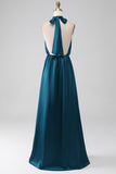 Peacock A-Line Halter Neck Long Bridesmaid Dress with Slit