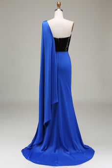 Royal Blue One Shoulder Satin and Sequin Mermaid Pleated Formal Dress with Slit