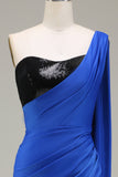 Royal Blue One Shoulder Satin and Sequin Mermaid Pleated Formal Dress with Slit