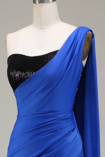 Royal Blue One Shoulder Satin and Sequin Mermaid Pleated Formal Dress with Slit
