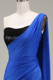 Royal Blue One Shoulder Satin and Sequin Mermaid Pleated Formal Dress with Slit