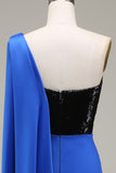 Royal Blue One Shoulder Satin and Sequin Mermaid Pleated Formal Dress with Slit