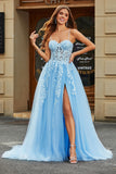 Tulle A-Line Spaghetti Straps Sky Blue Long Corset Formal Dress with Appliques