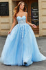 Load image into Gallery viewer, Tulle A-Line Spaghetti Straps Sky Blue Long Corset Formal Dress with Appliques